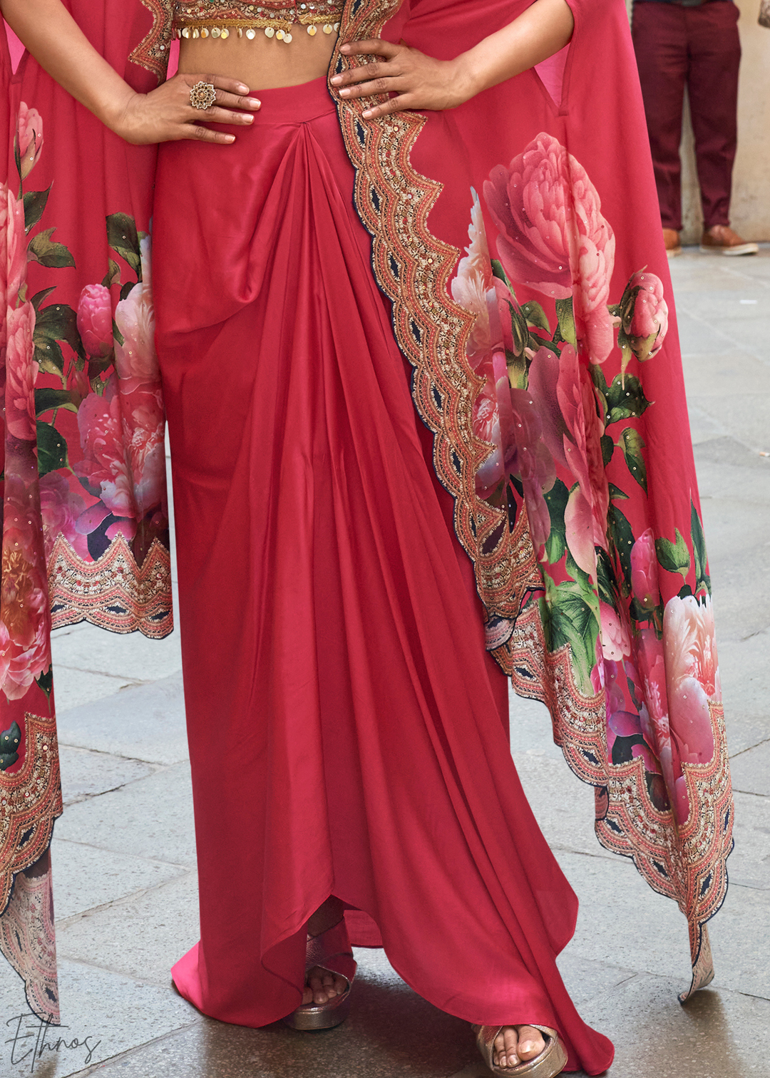 Blush Crepe Floral Cape & Draped Saree-Skirt Set