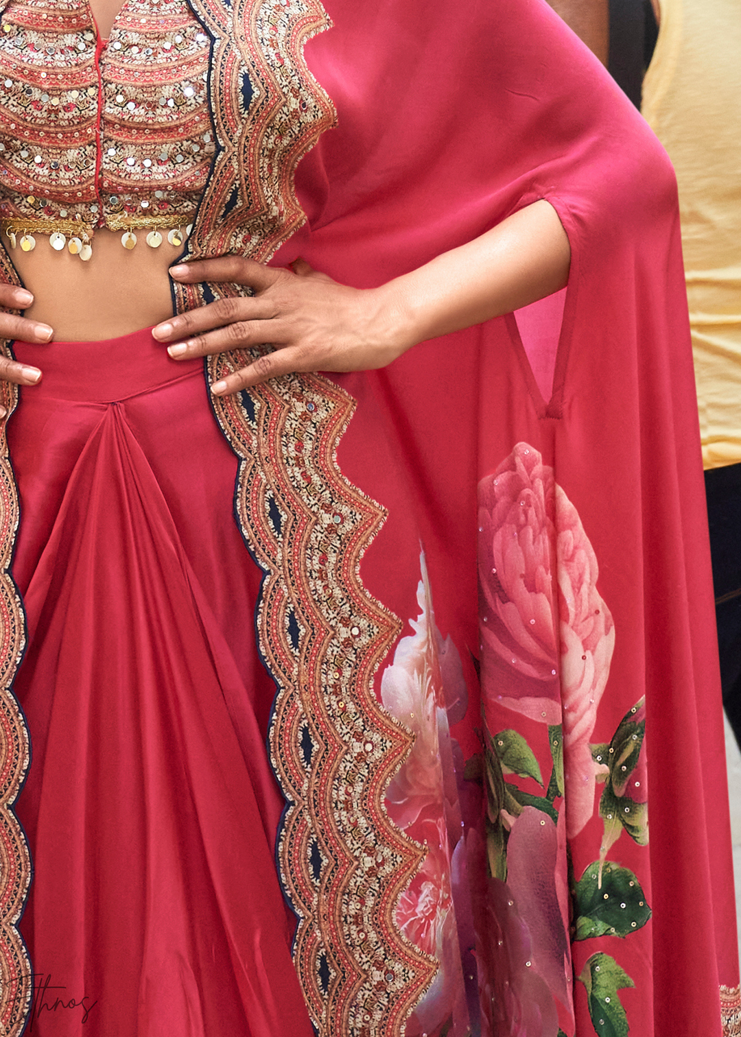 Blush Crepe Floral Cape & Draped Saree-Skirt Set