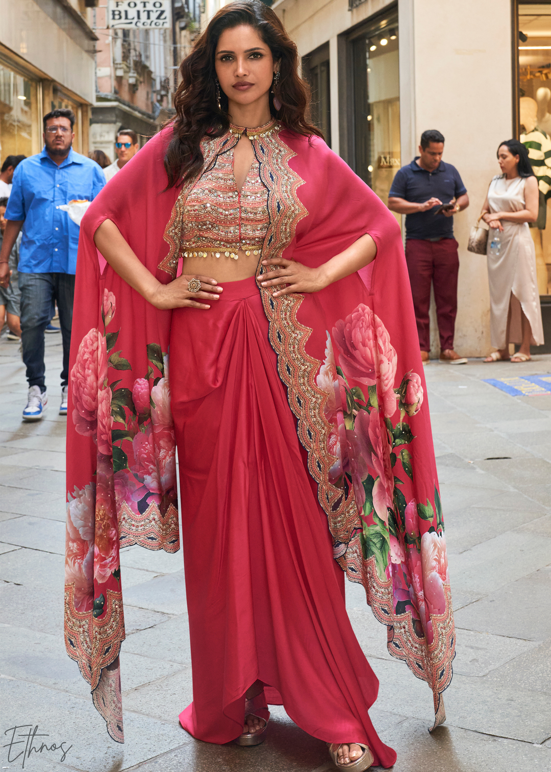 Blush Crepe Floral Cape & Draped Saree-Skirt Set