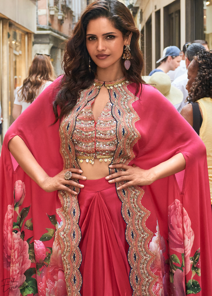 Blush Crepe Floral Cape & Draped Saree-Skirt Set