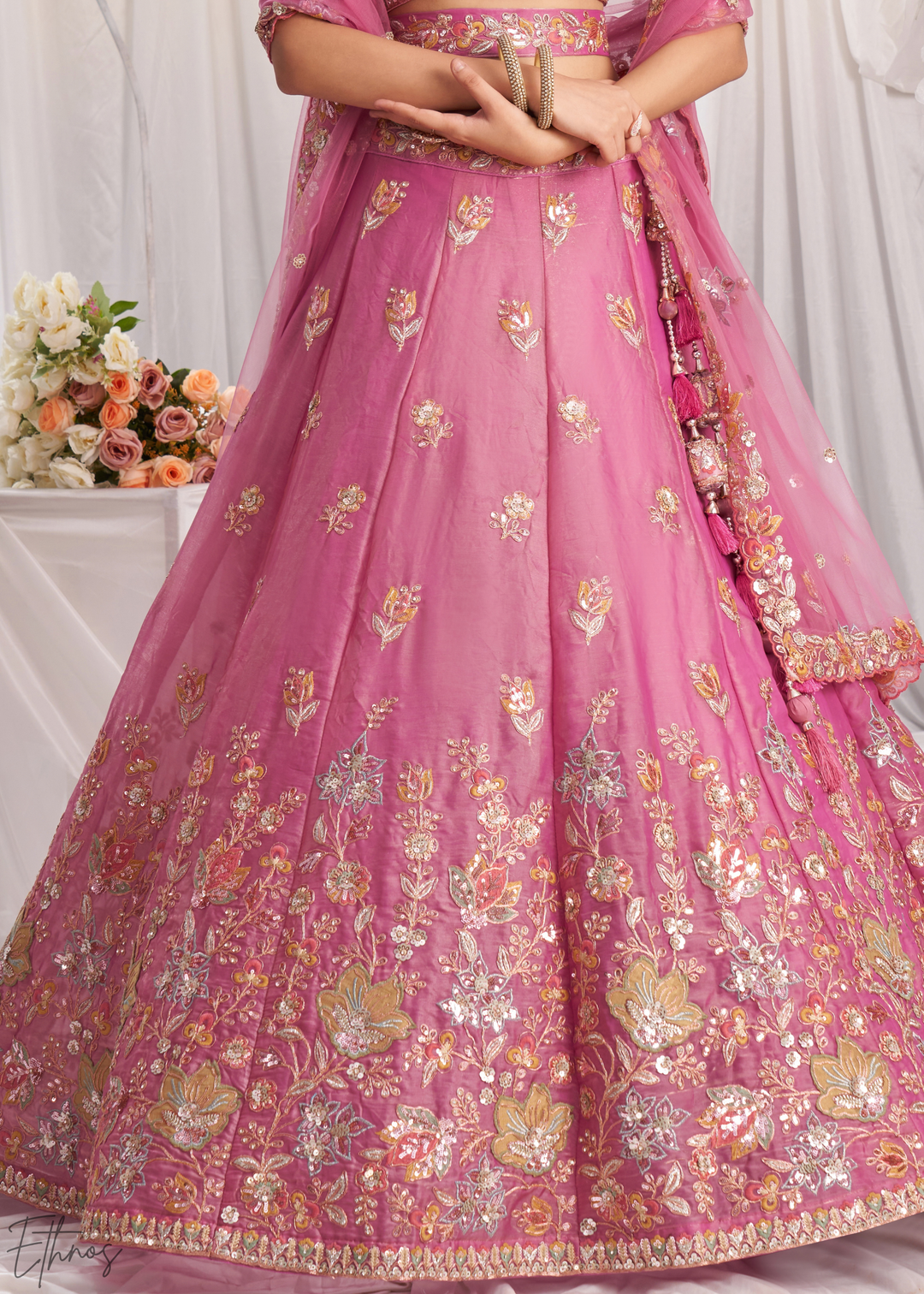 Blush Fuchsia Gilded Bouquet Organza Lehenga