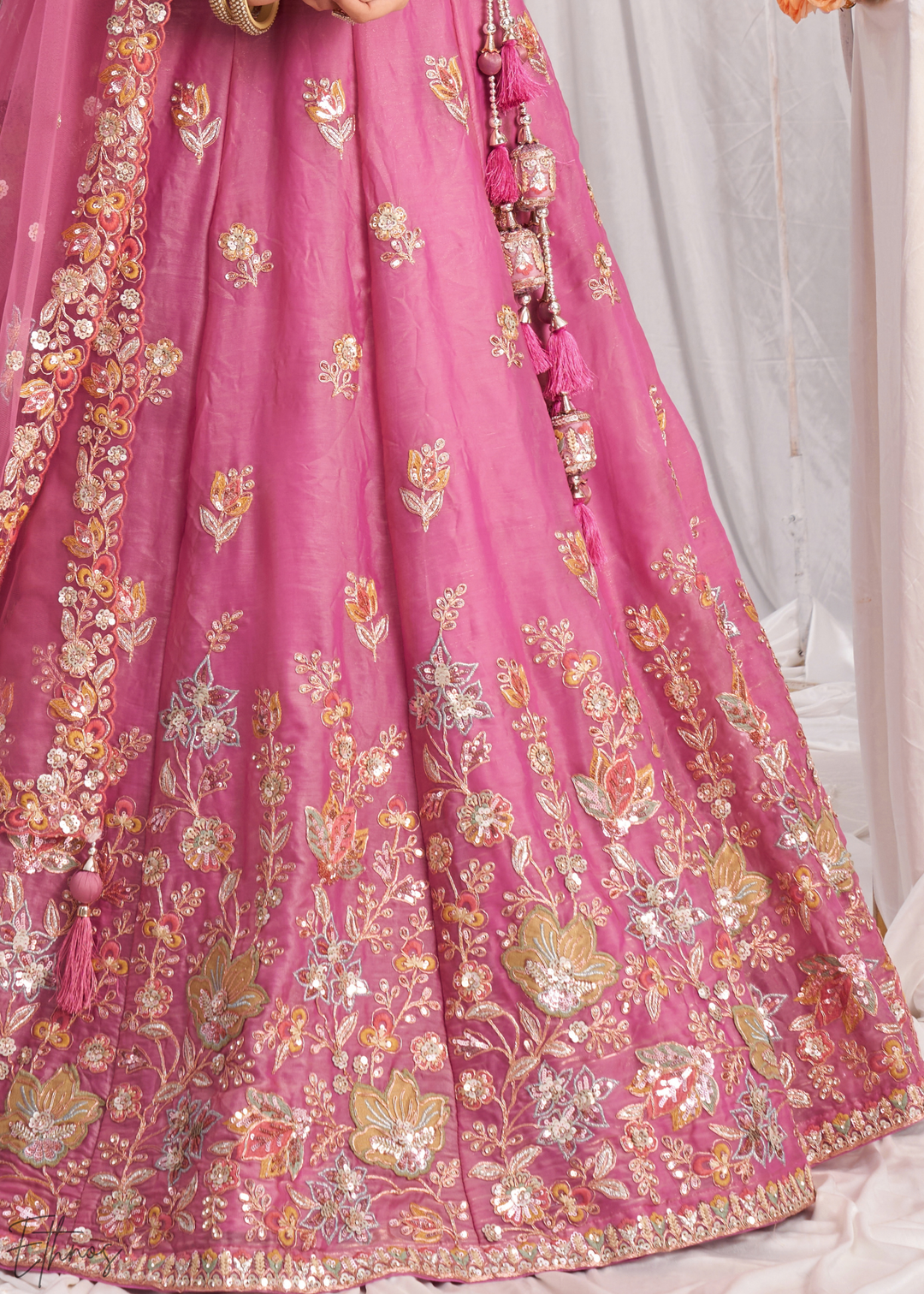 Blush Fuchsia Gilded Bouquet Organza Lehenga