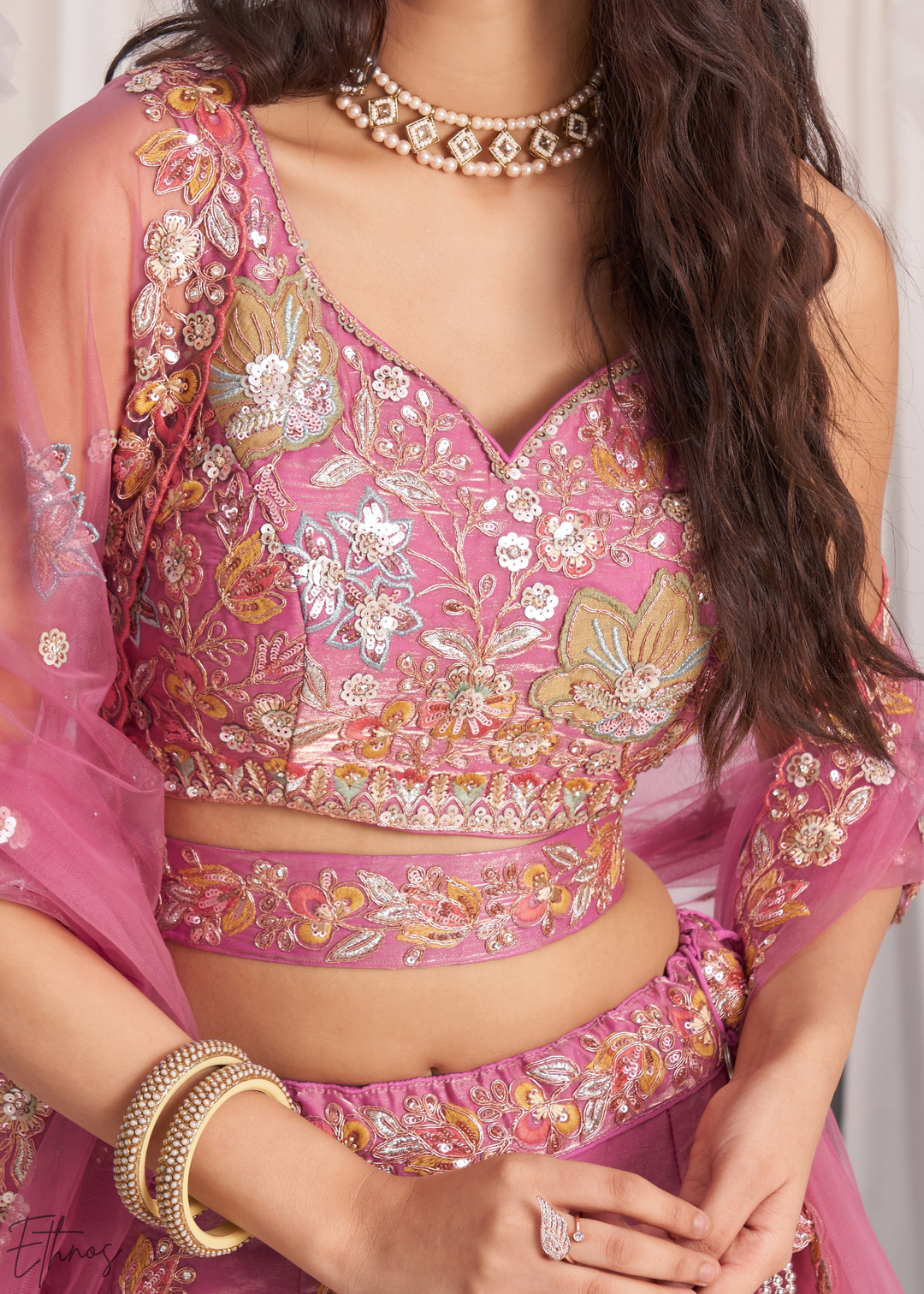 Blush Fuchsia Gilded Bouquet Organza Lehenga