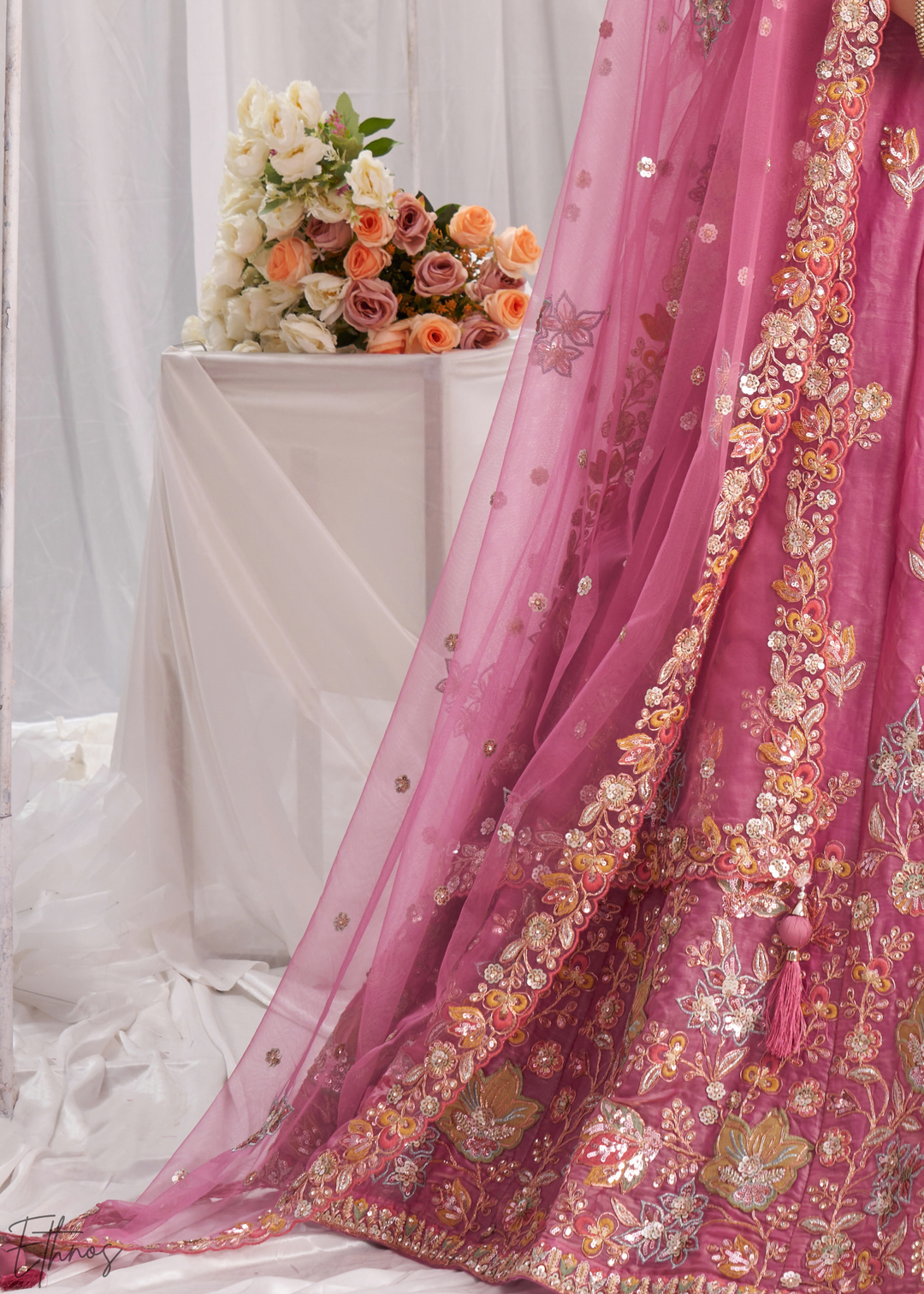 Blush Fuchsia Gilded Bouquet Organza Lehenga