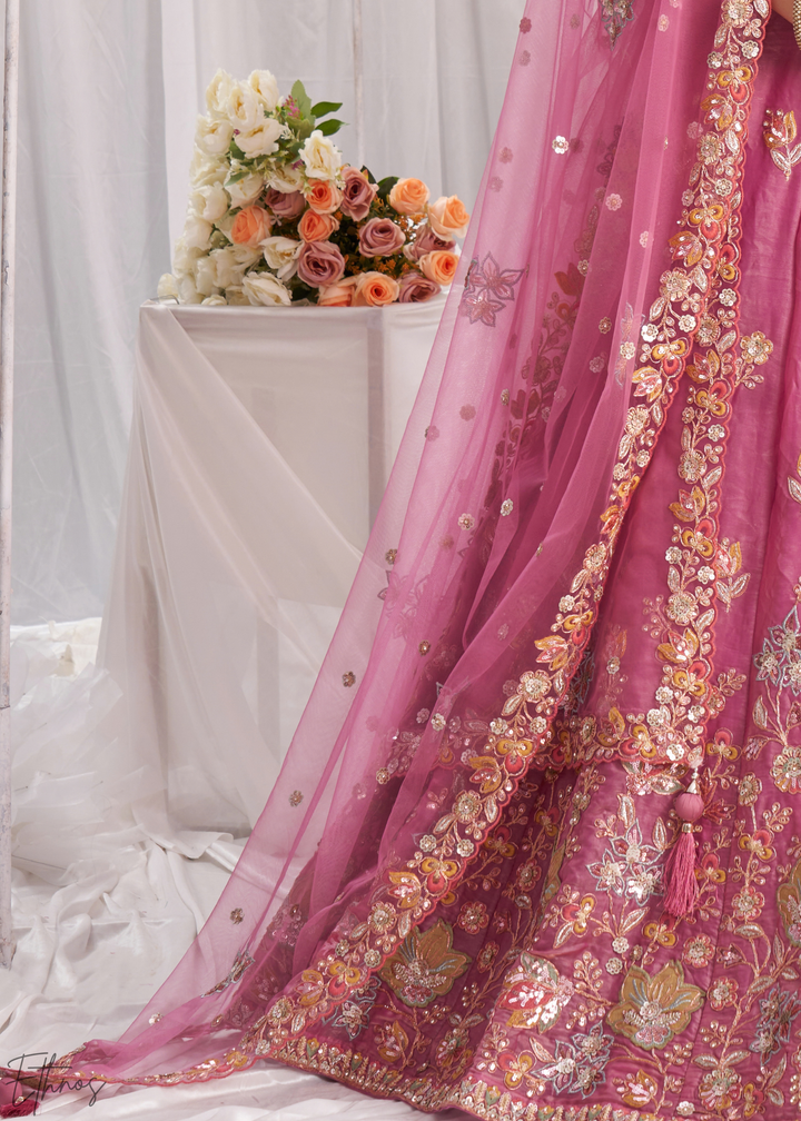 Blush Fuchsia Gilded Bouquet Organza Lehenga