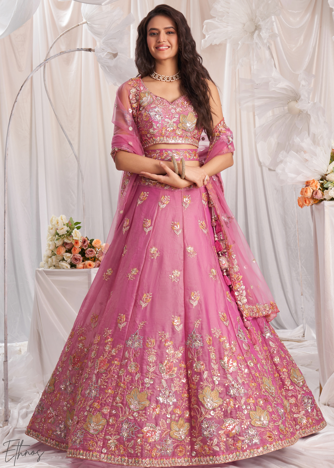Blush Fuchsia Gilded Bouquet Organza Lehenga