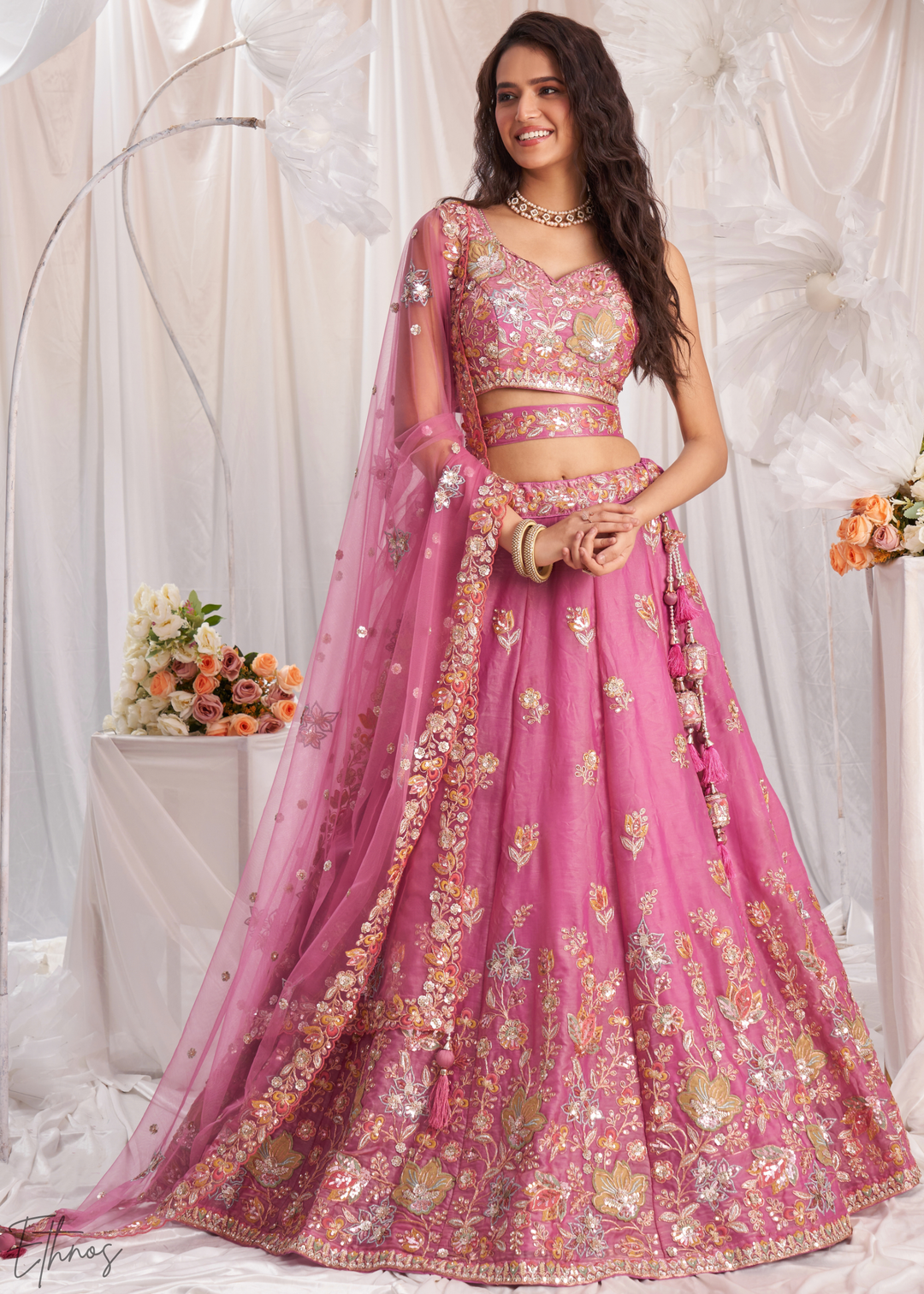 Blush Fuchsia Gilded Bouquet Organza Lehenga