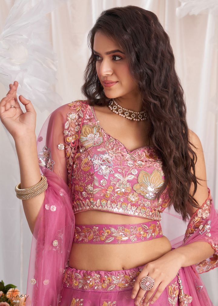 Blush Fuchsia Gilded Bouquet Organza Lehenga