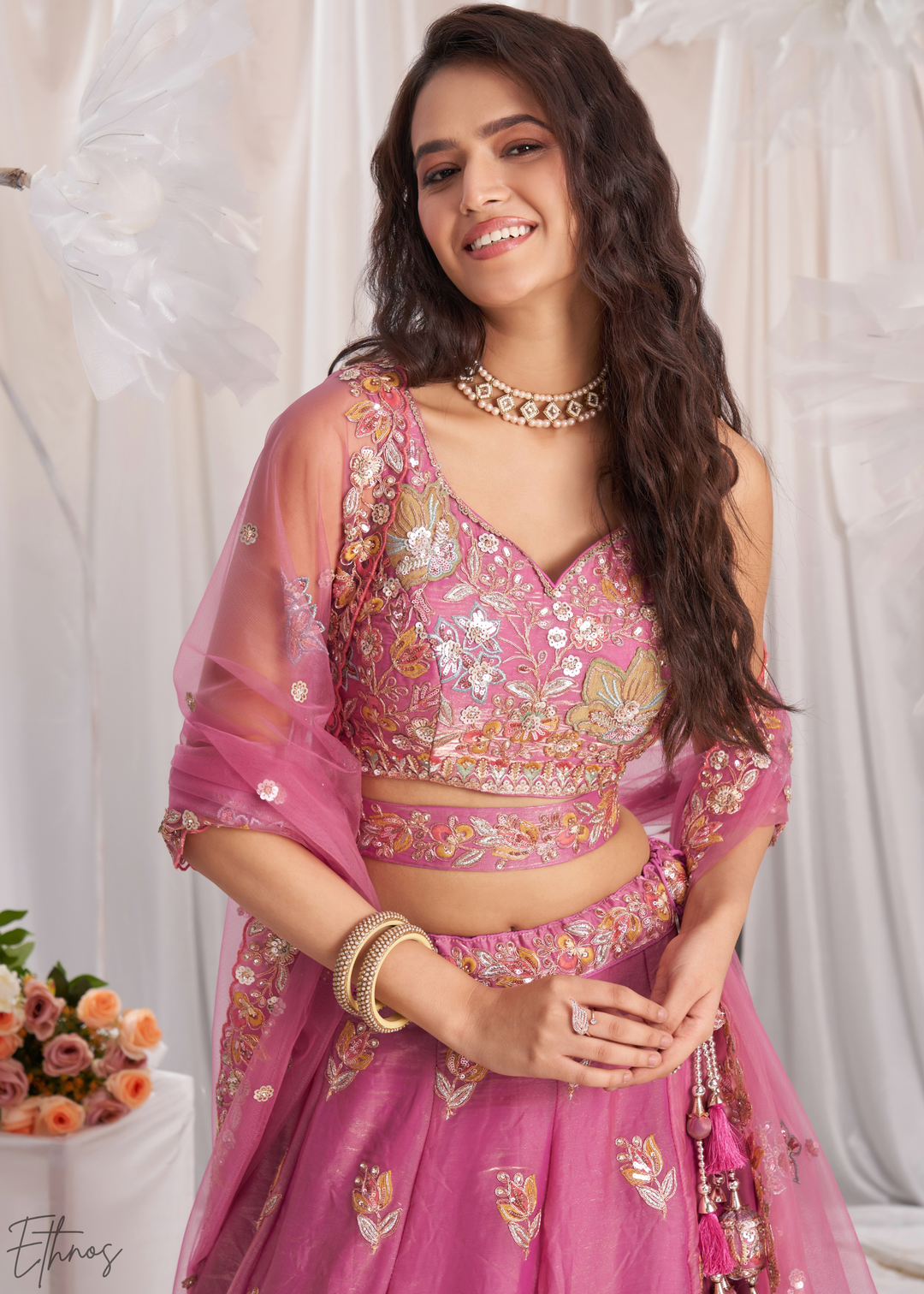 Blush Fuchsia Gilded Bouquet Organza Lehenga