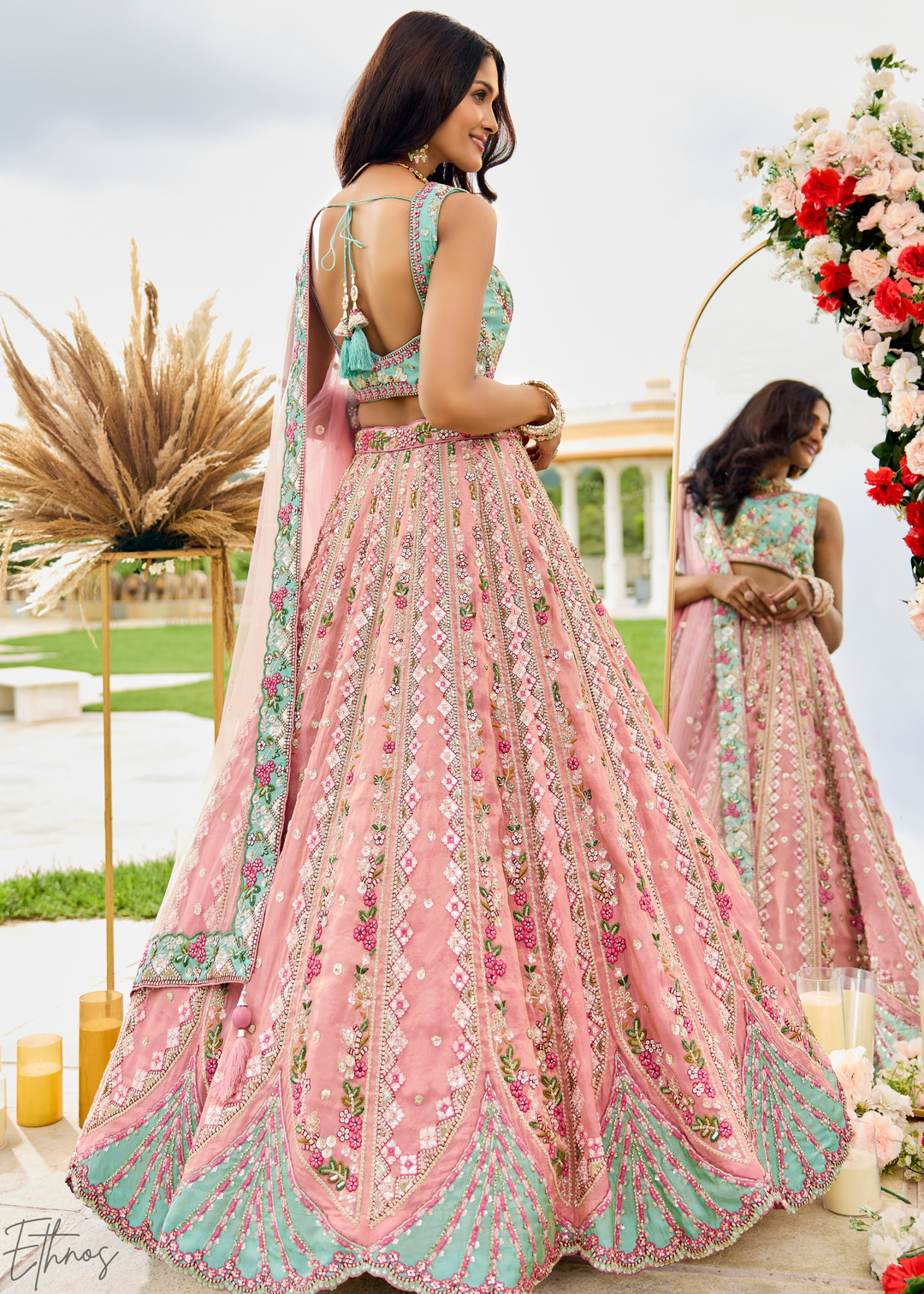 Blush Fuchsia Gilded Meadow Tissue Lehenga