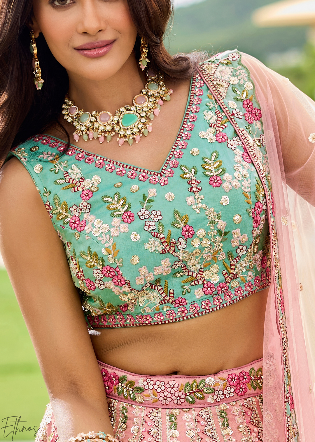 Blush Fuchsia Gilded Meadow Tissue Lehenga