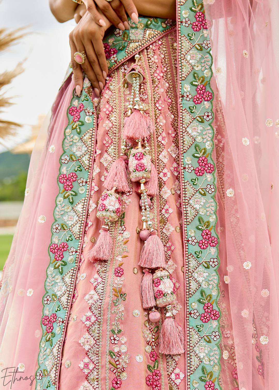 Blush Fuchsia Gilded Meadow Tissue Lehenga
