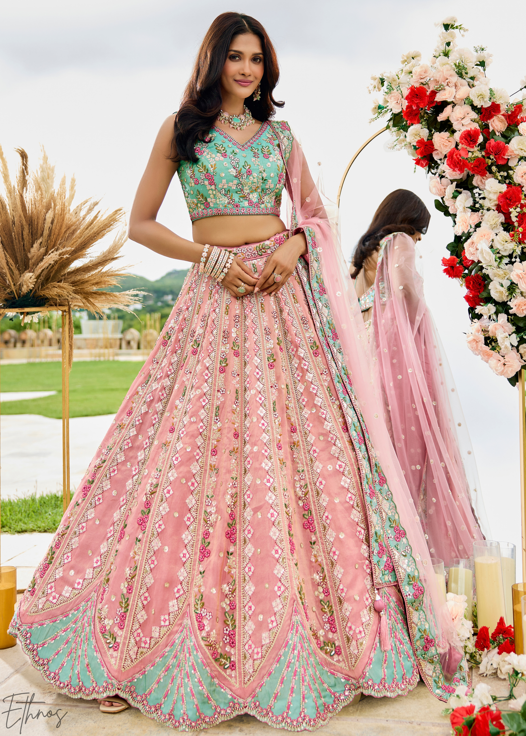 Blush Fuchsia Gilded Meadow Tissue Lehenga
