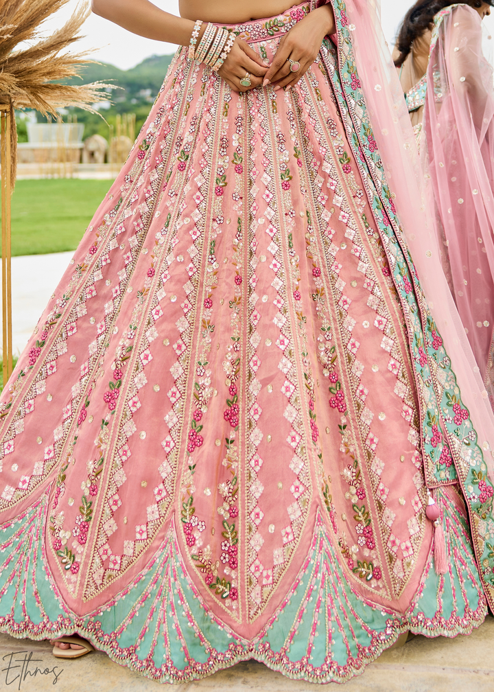 Blush Fuchsia Gilded Meadow Tissue Lehenga