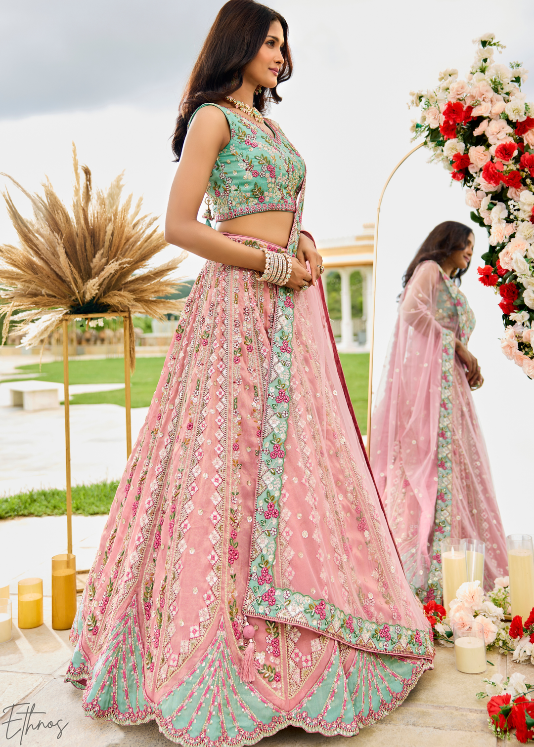 Blush Fuchsia Gilded Meadow Tissue Lehenga