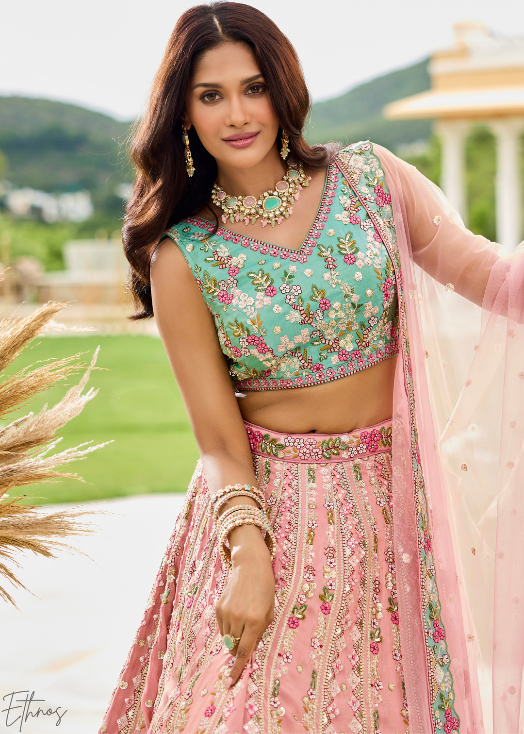 Blush Fuchsia Gilded Meadow Tissue Lehenga