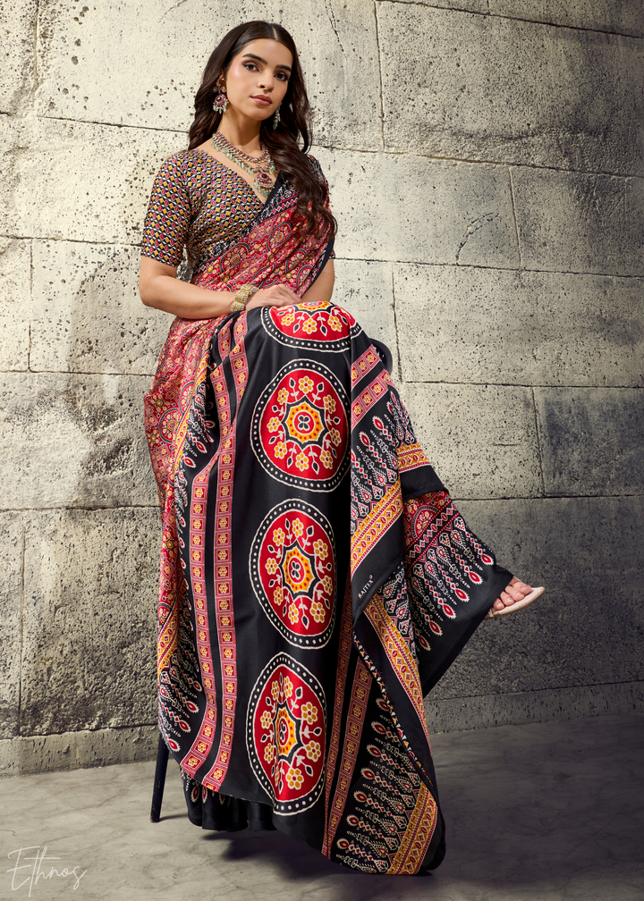 Blush Onyx Ajrakh Printed Modal Satin Saree