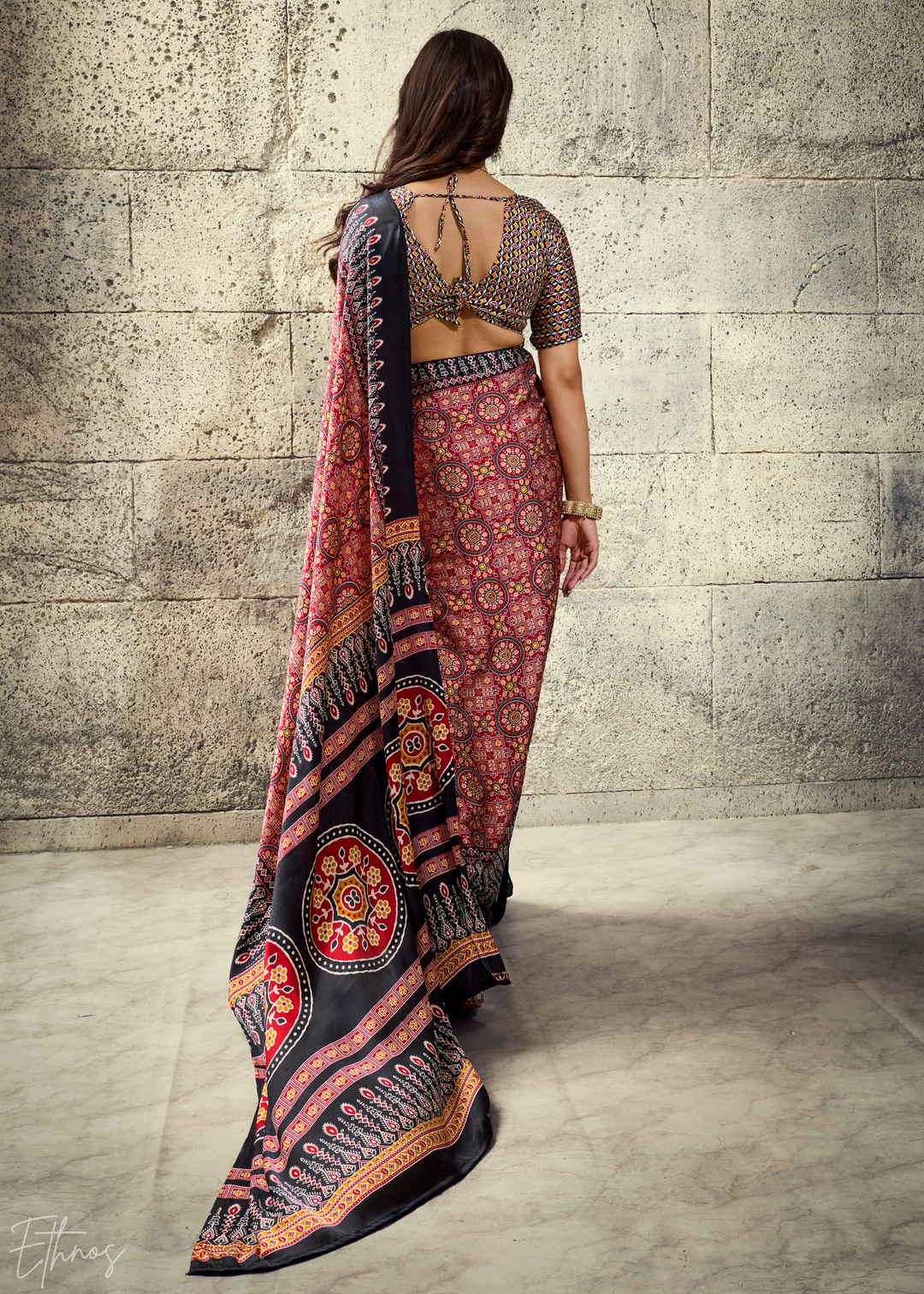 Blush Onyx Ajrakh Printed Modal Satin Saree