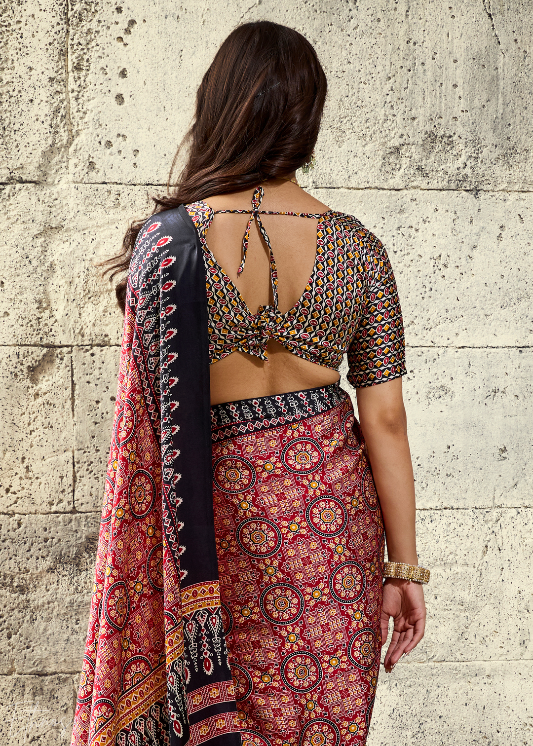 Blush Onyx Ajrakh Printed Modal Satin Saree