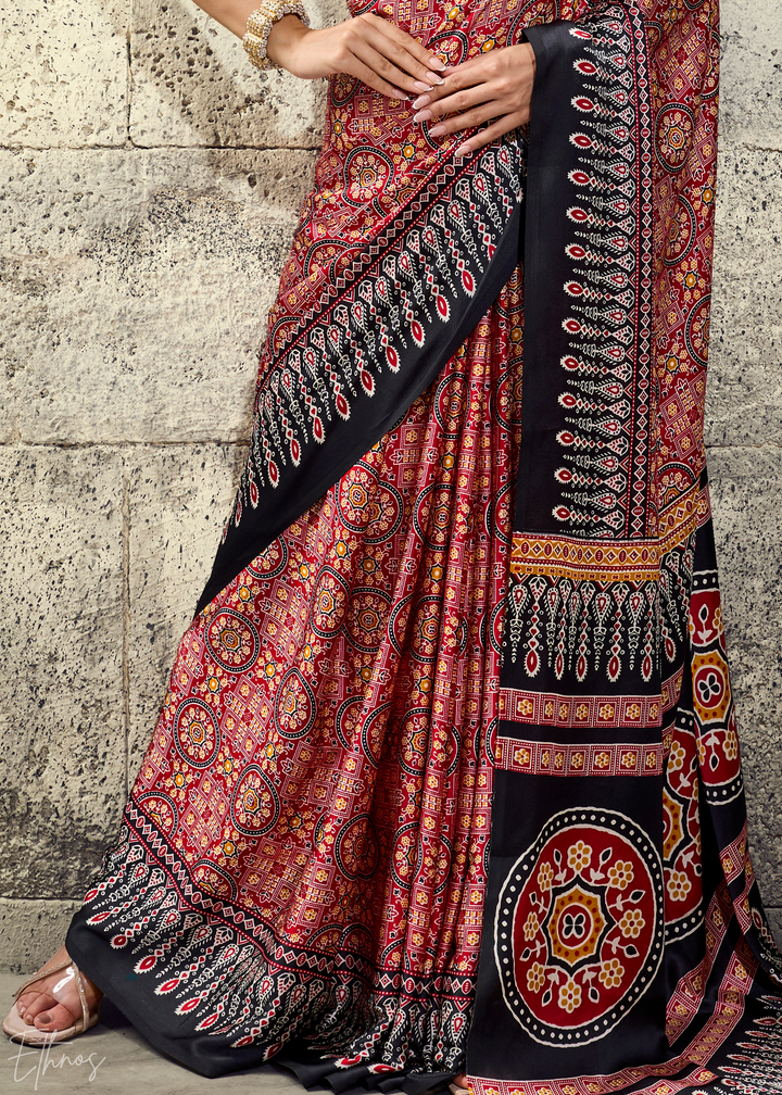 Blush Onyx Ajrakh Printed Modal Satin Saree
