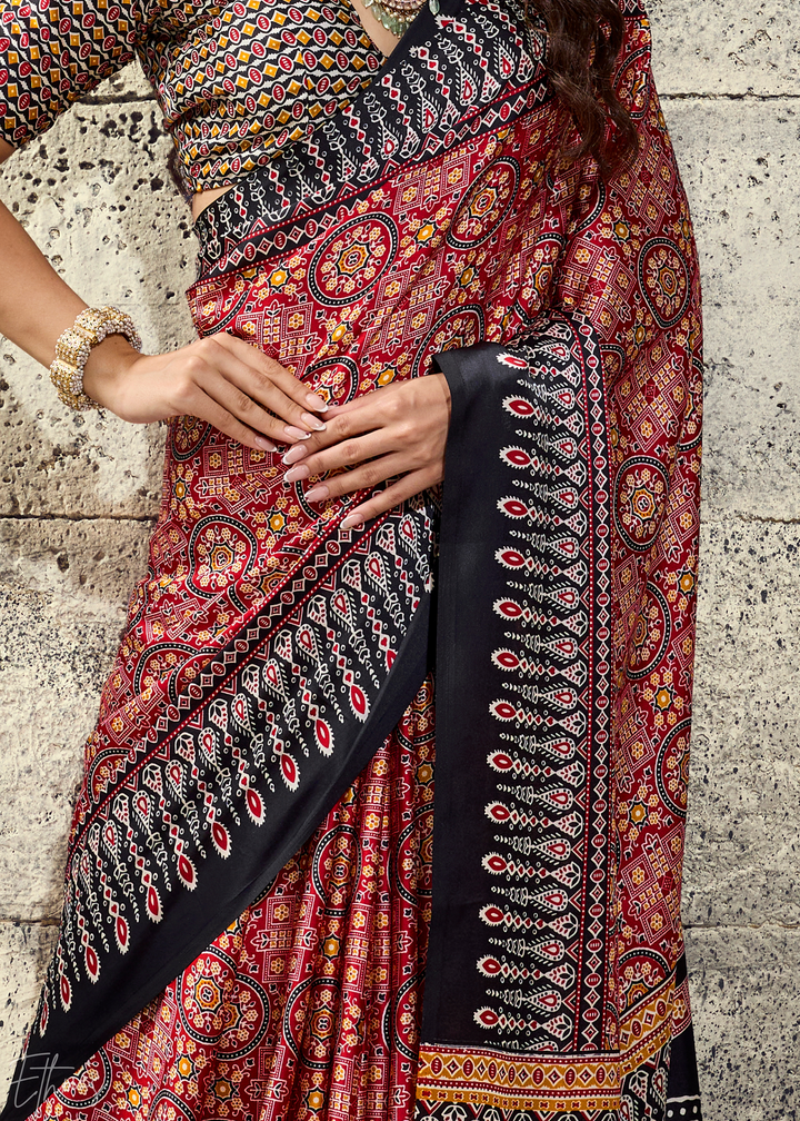 Blush Onyx Ajrakh Printed Modal Satin Saree