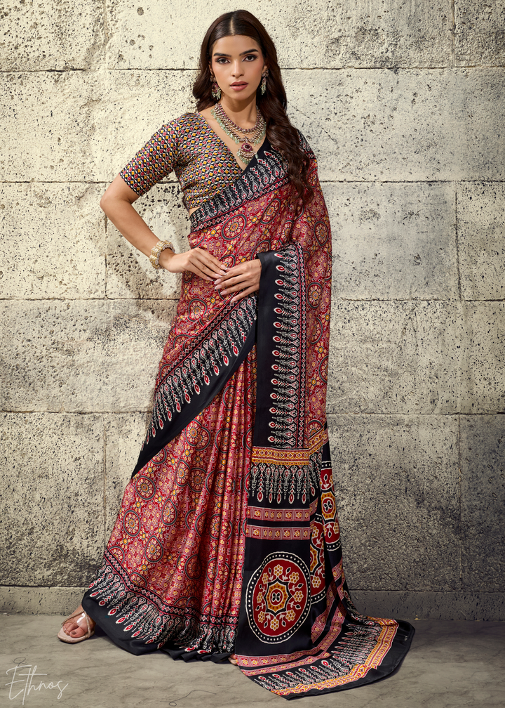 Blush Onyx Ajrakh Printed Modal Satin Saree