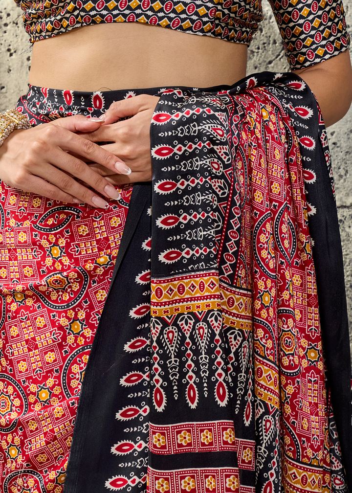 Blush Onyx Ajrakh Printed Modal Satin Saree