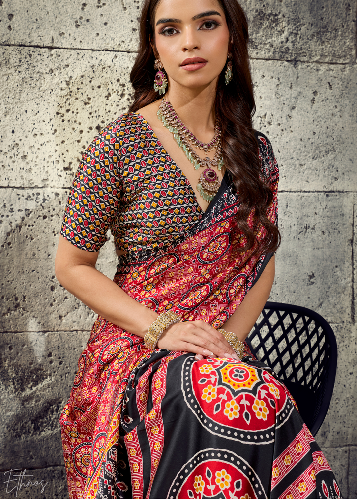 Blush Onyx Ajrakh Printed Modal Satin Saree