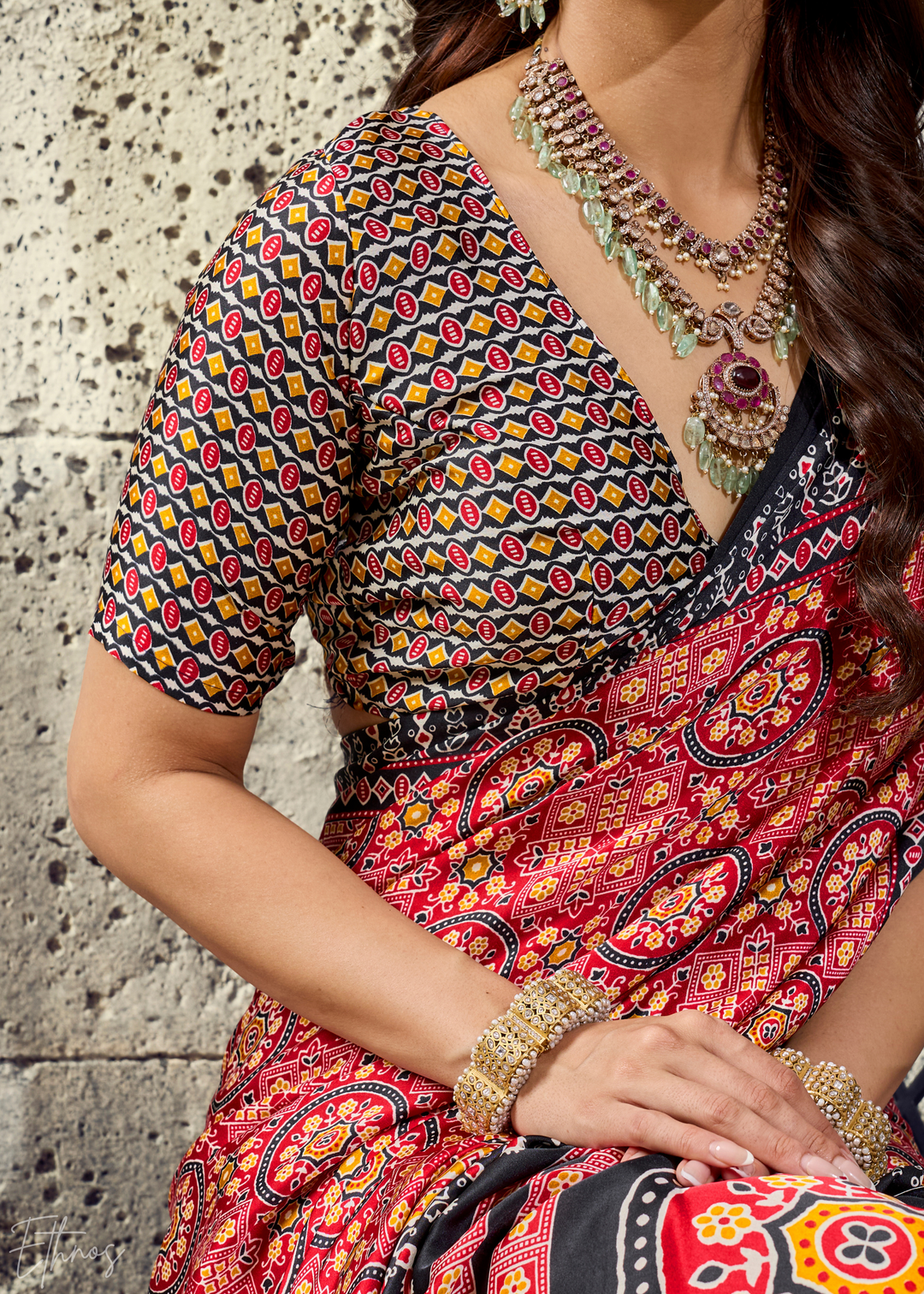 Blush Onyx Ajrakh Printed Modal Satin Saree