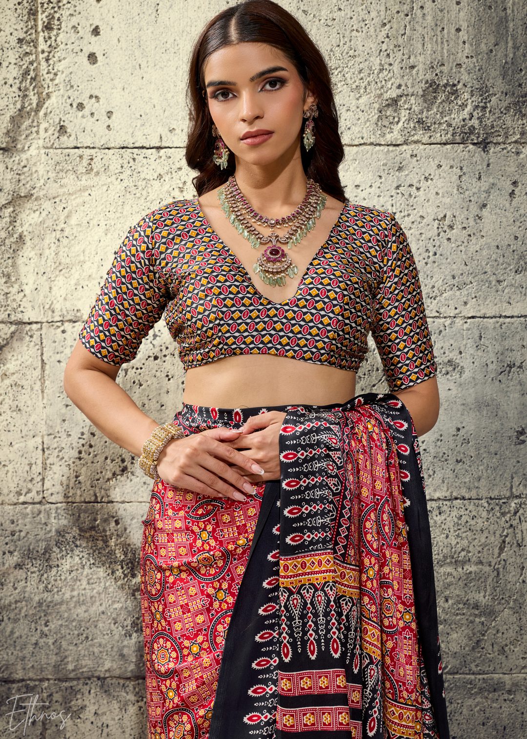 Blush Onyx Ajrakh Printed Modal Satin Saree