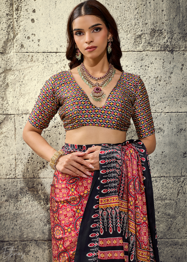 Blush Onyx Ajrakh Printed Modal Satin Saree