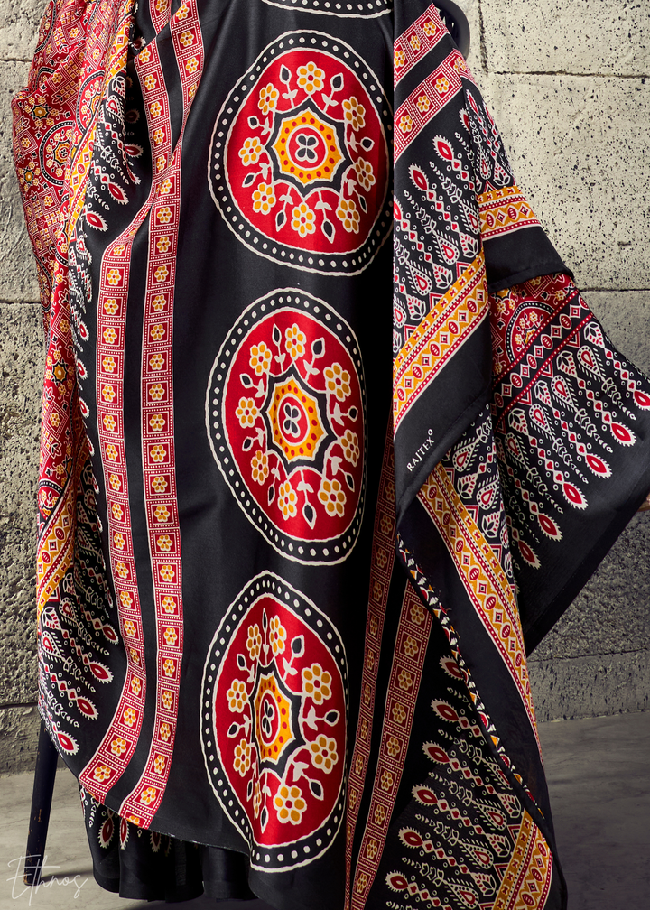 Blush Onyx Ajrakh Printed Modal Satin Saree