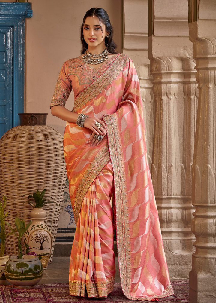 Blush Peach Chevron Woven Silk Saree