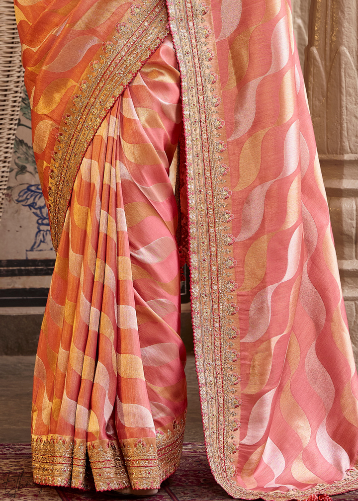 Blush Peach Chevron Woven Silk Saree