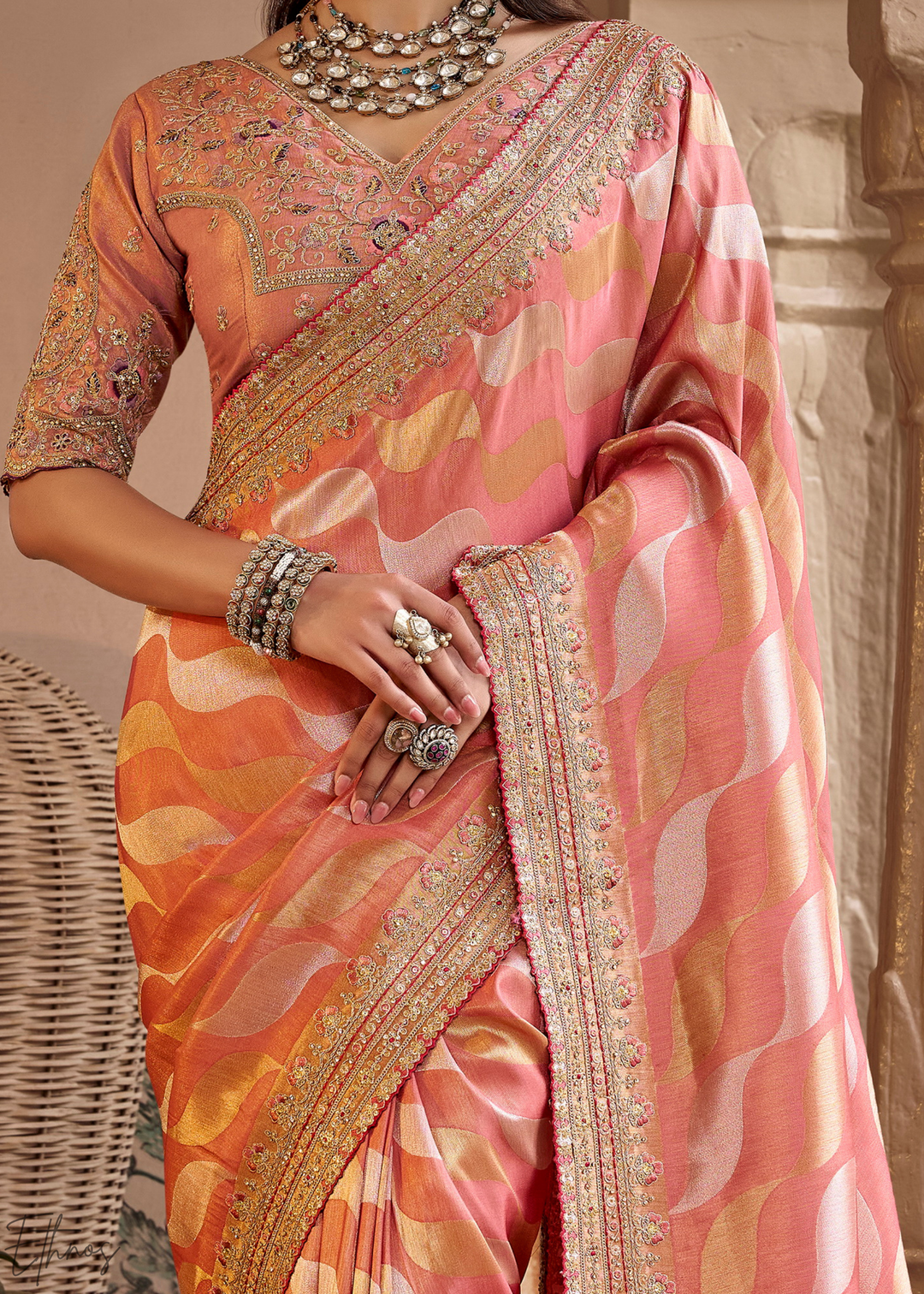 Blush Peach Chevron Woven Silk Saree