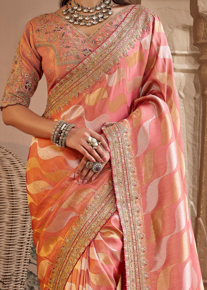 Blush Peach Chevron Woven Silk Saree