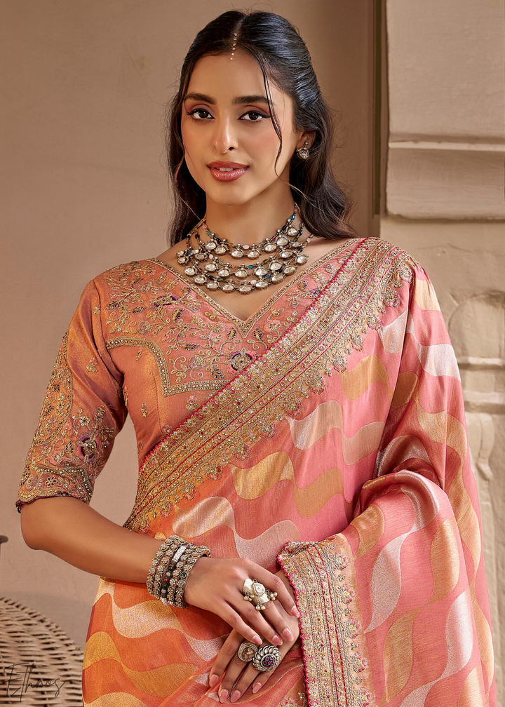 Blush Peach Chevron Woven Silk Saree