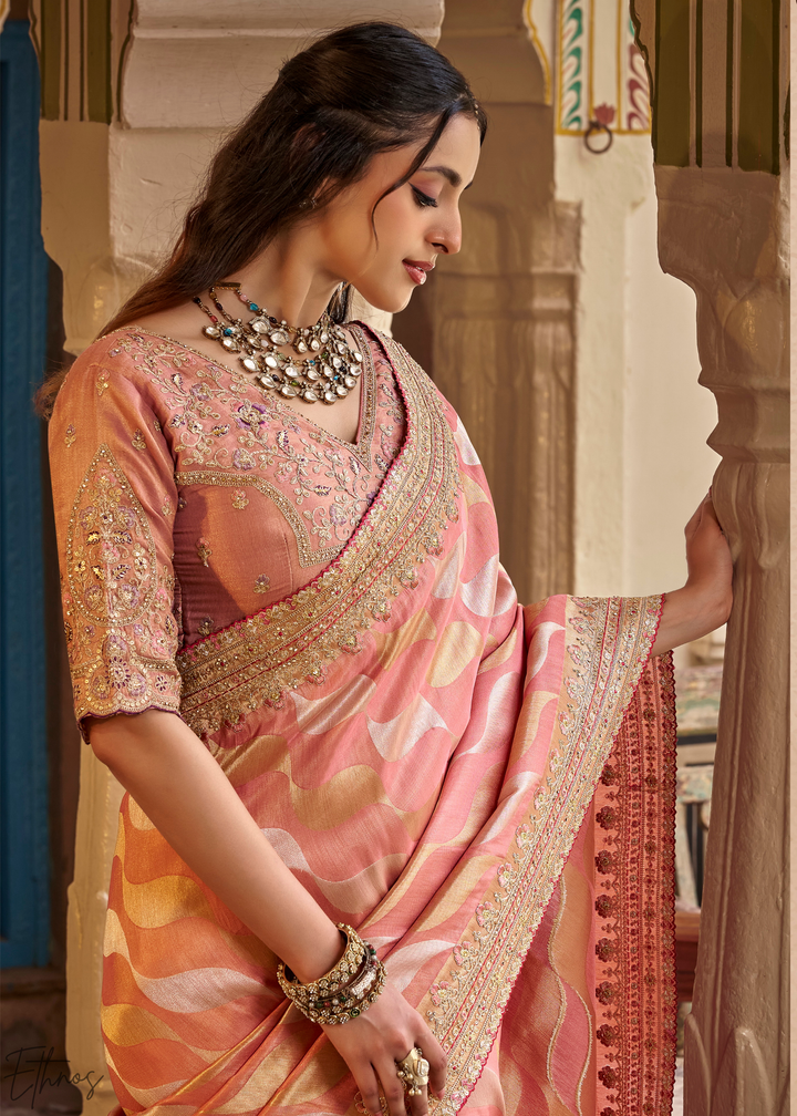 Blush Peach Chevron Woven Silk Saree