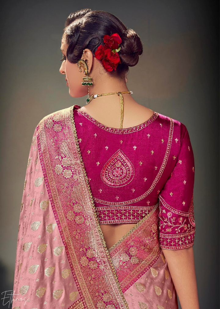 Blush Pink Allover Floral Brocade Satin Silk Saree