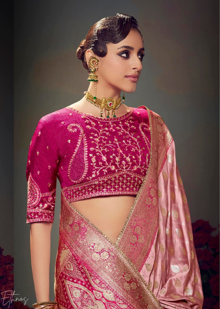 Blush Pink Allover Floral Brocade Satin Silk Saree