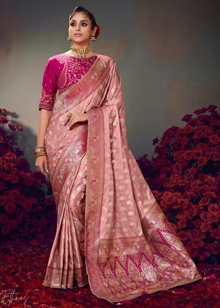Blush Pink Allover Floral Brocade Satin Silk Saree