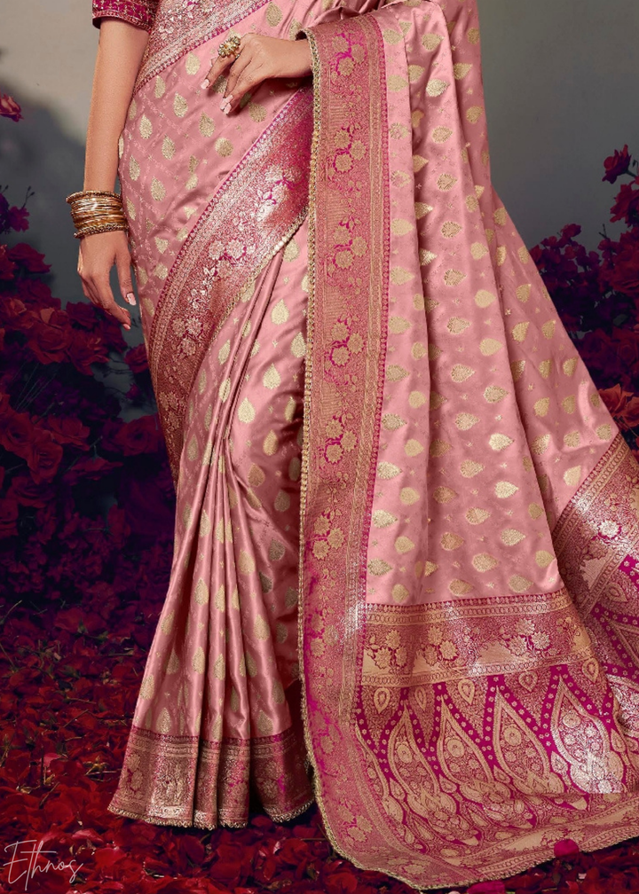 Blush Pink Allover Floral Brocade Satin Silk Saree