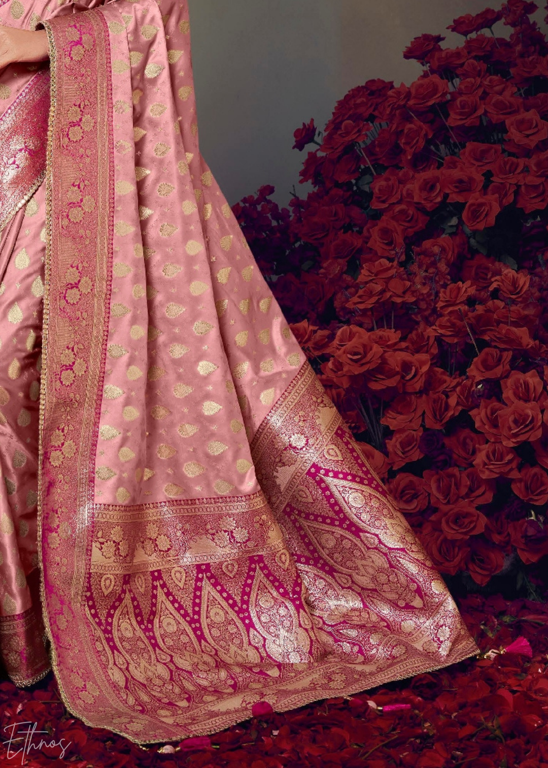 Blush Pink Allover Floral Brocade Satin Silk Saree