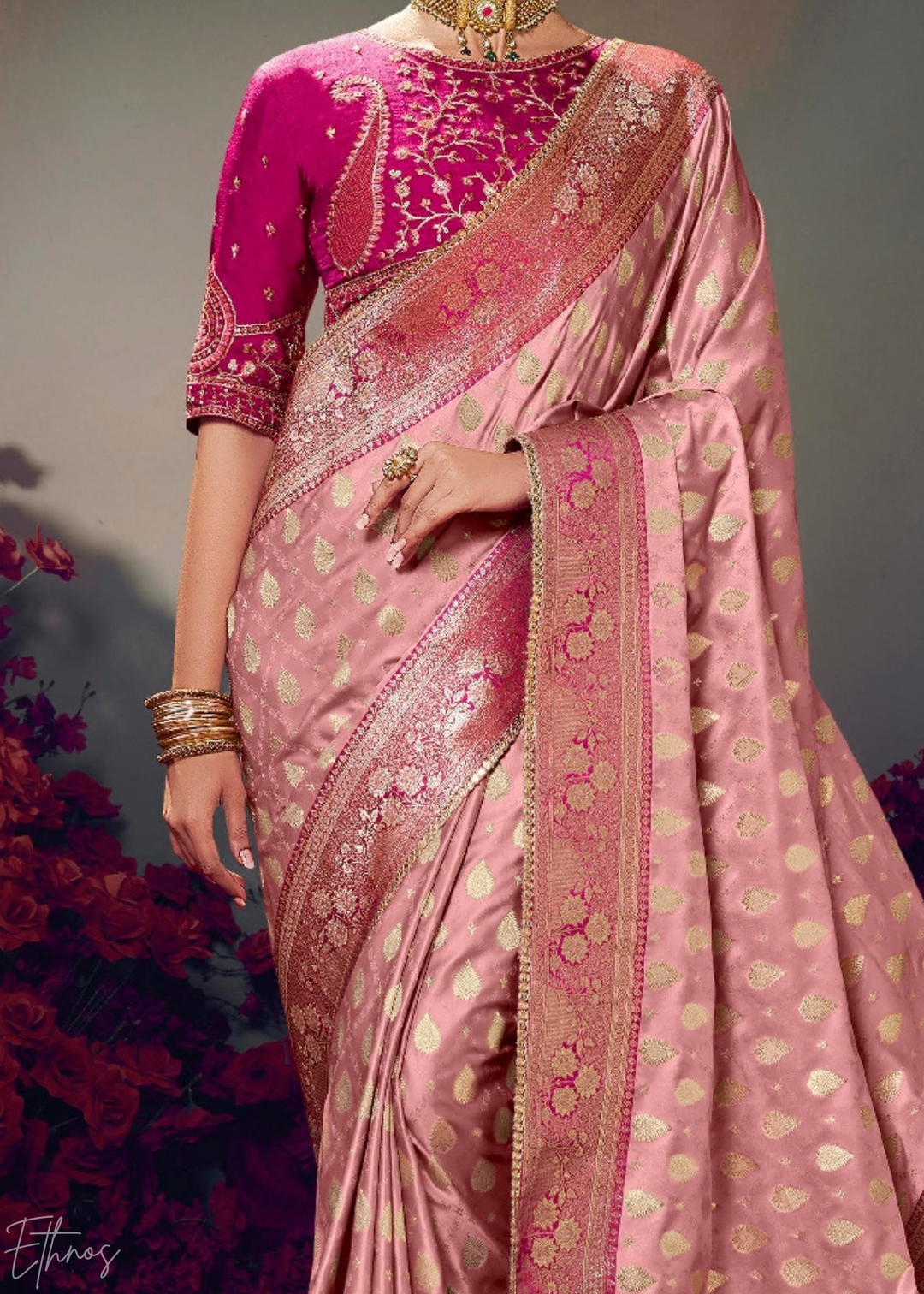 Blush Pink Allover Floral Brocade Satin Silk Saree