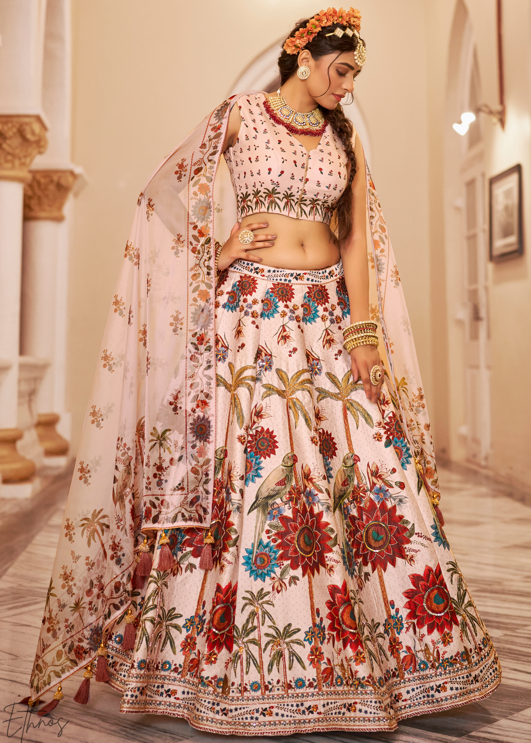 Blush Ivory Architectural-Print Silk Lehenga