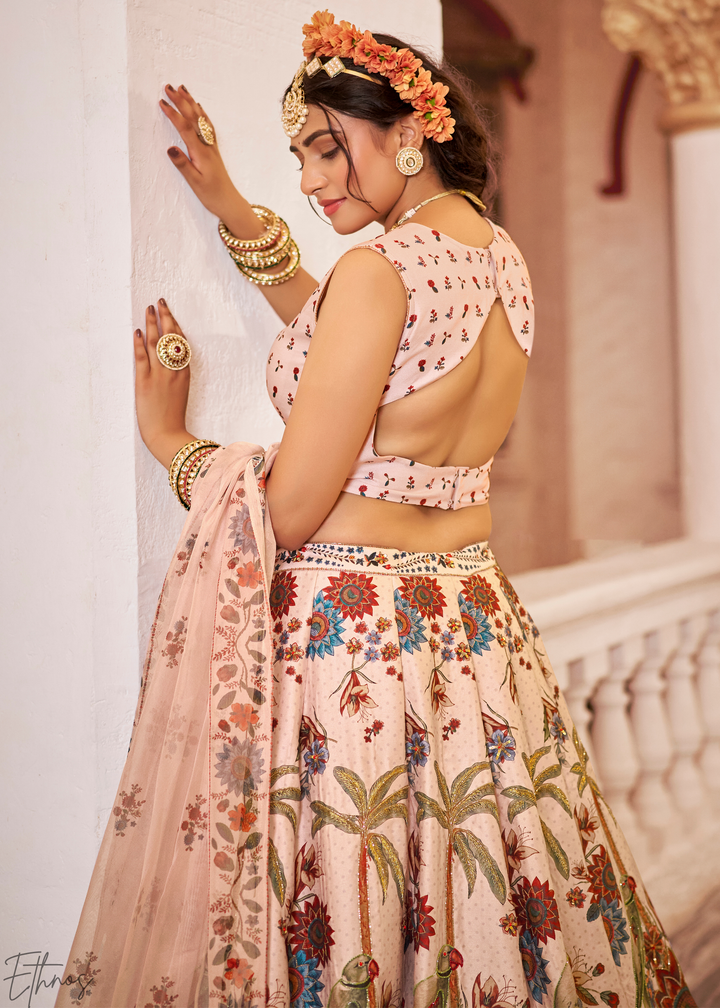 Blush Ivory Architectural-Print Silk Lehenga