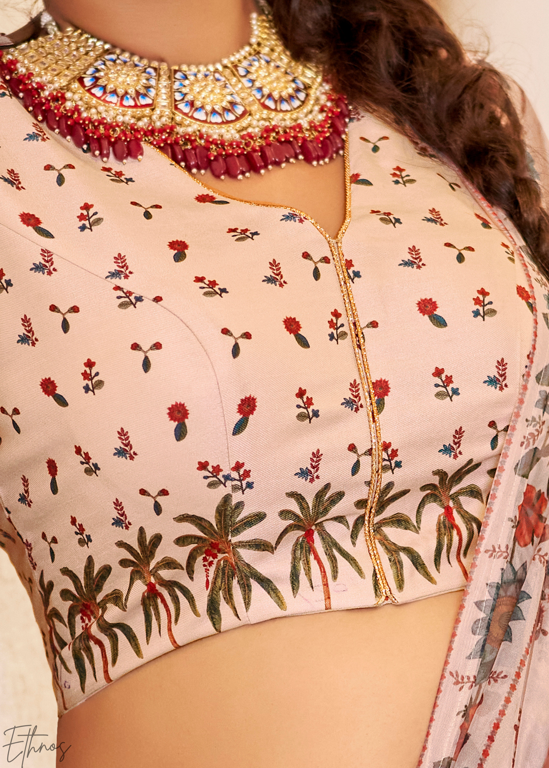 Blush Ivory Architectural-Print Silk Lehenga