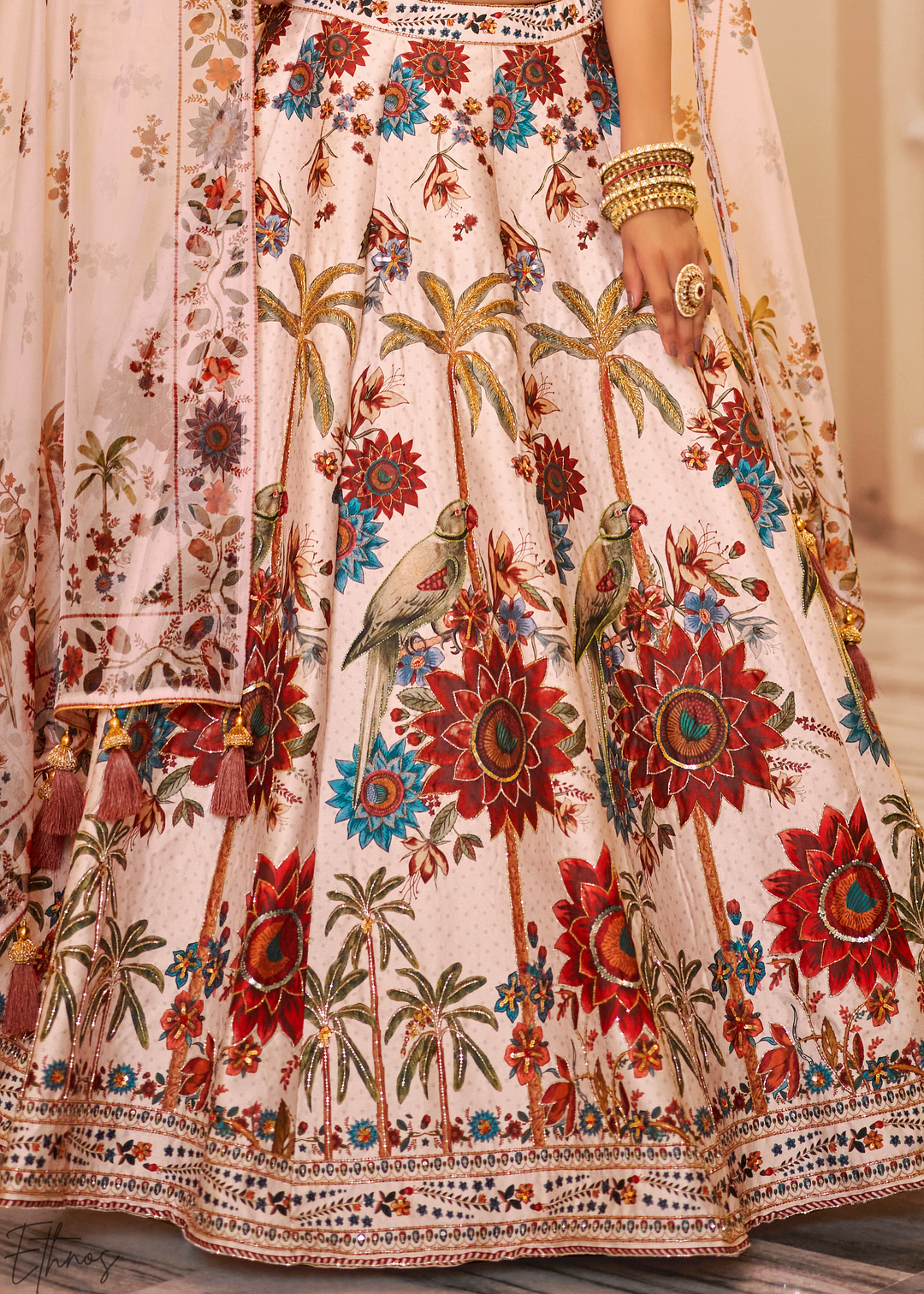 Blush Ivory Architectural-Print Silk Lehenga