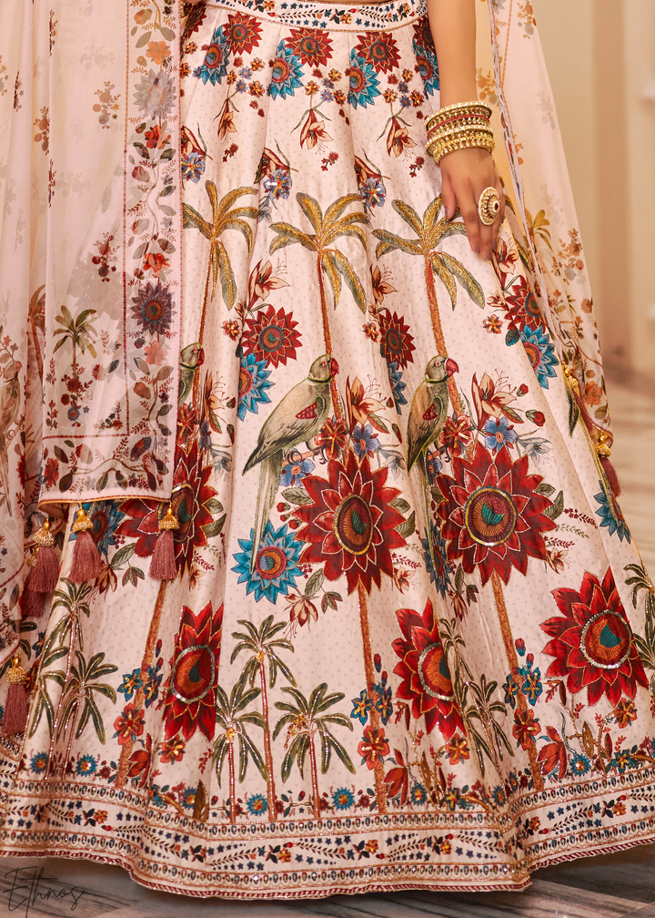 Blush Ivory Architectural-Print Silk Lehenga