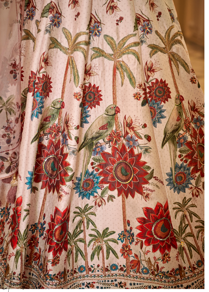 Blush Ivory Architectural-Print Silk Lehenga